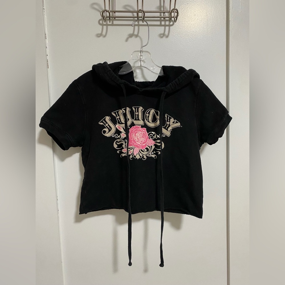 Vintage Y2k Juicy Couture Black Short-Sleeve Cropped Hoodie
